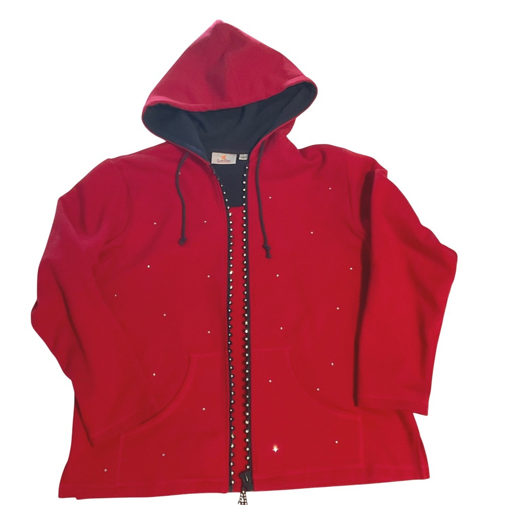 Quacker Factory Red Full Zip Hoodie Jacket Rhinestone Embellished Women's L blue